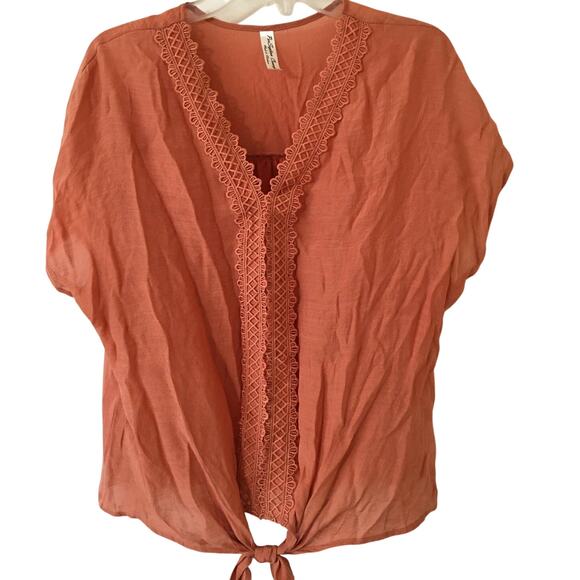 PerSeption Concept Large Tie Hem Lace Collar & Front Cap Sleeve Apricot Top - Picture 1 of 4